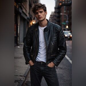 Vintage 80s Moto Leather Jacket Padded Cafe Racer Black Biker Quilted XL